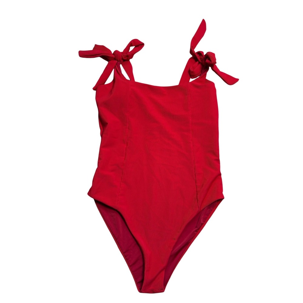 Beach Riot Red Ribbed Tie Shoulder One Piece Swimsuit Large Made in USA EUC